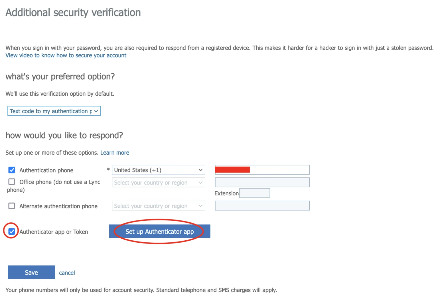 Additional security verification screen with Authenticator app selected and the Set up Authenticator app button